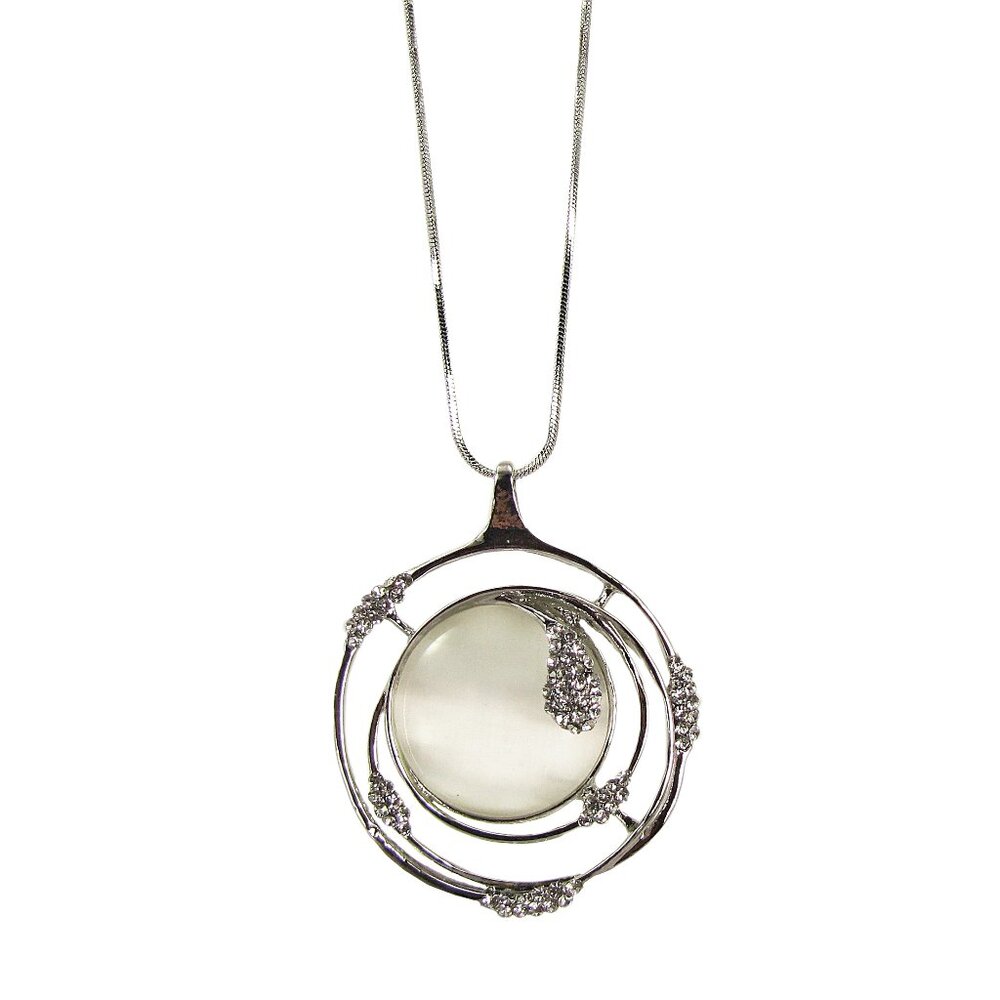 Large white cat eye round pendant necklace with crystals on a snake chain